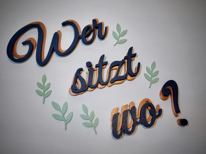 Wandschild „Wer sitzt wo?“ für die Hochzeit, mehrfarbig gedruckt