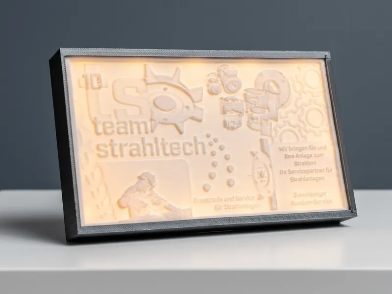 Leuchtbild mit Firmenlogo als Relief, von hinten beleuchtet